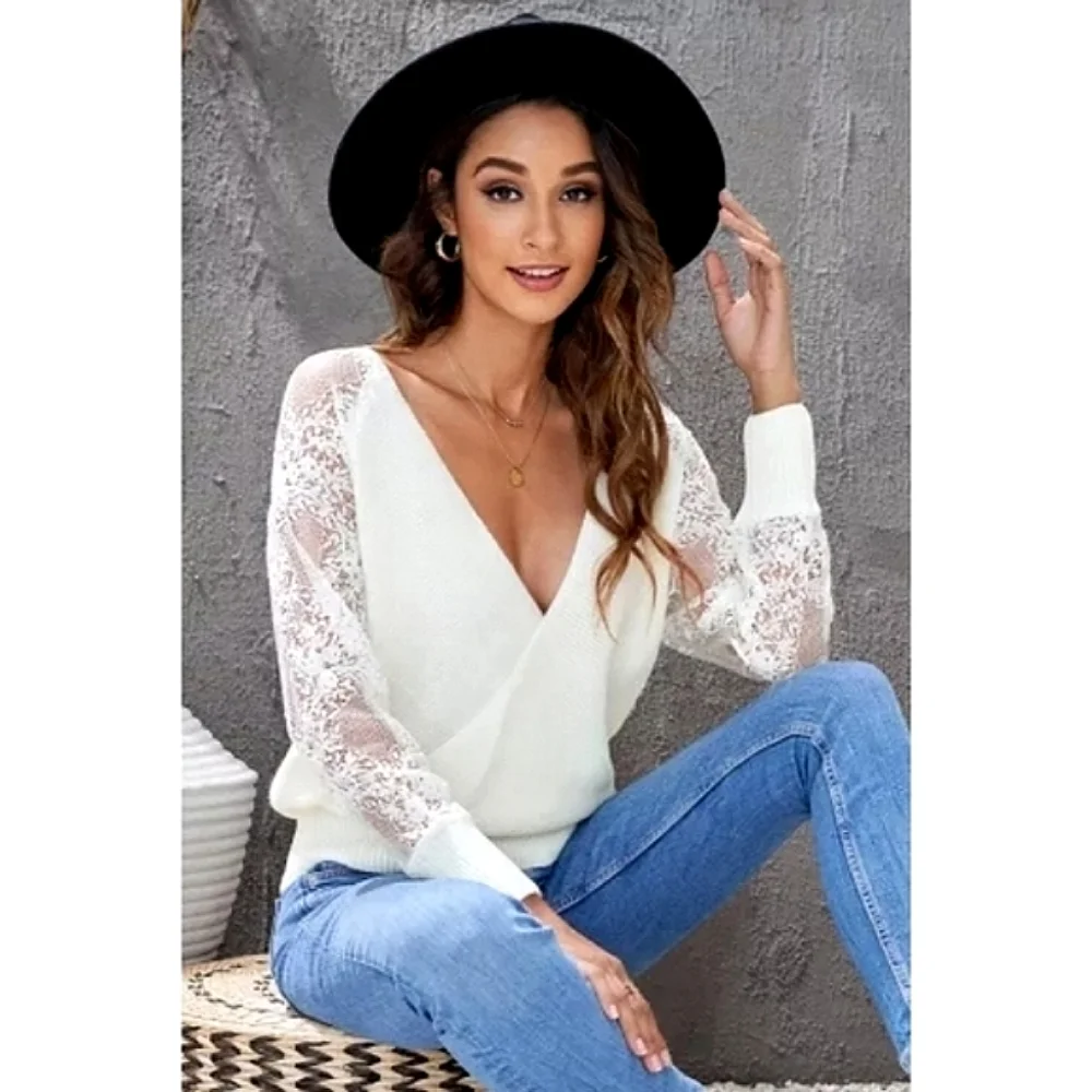 LAST ONE! White V Neck Sweater With Lace Sleeves - Picture 1 of 6